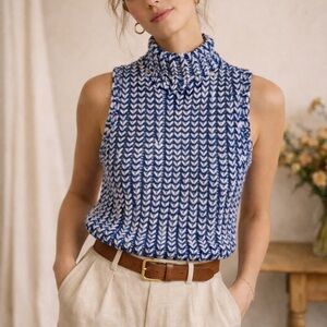 Alice + Olivia Tomi Chunky Knit Sleeveless Sweater Top Blue White Size XS